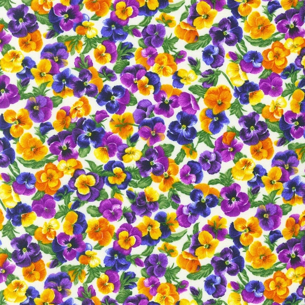 Colorful Pansy Fabric, Robert Kaufman Flowerhouse Brightly So 21172-14, Yellow, Blue, Purple Pansy Quilt Fabric, 100% Cotton