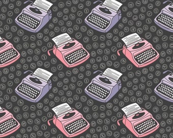 Vintage Typewriters Fabric, Camelot Literary 21190526, Gray, Purple, Pink Retro Typewriter Quilt Fabric by the Yard, 100% Cotton