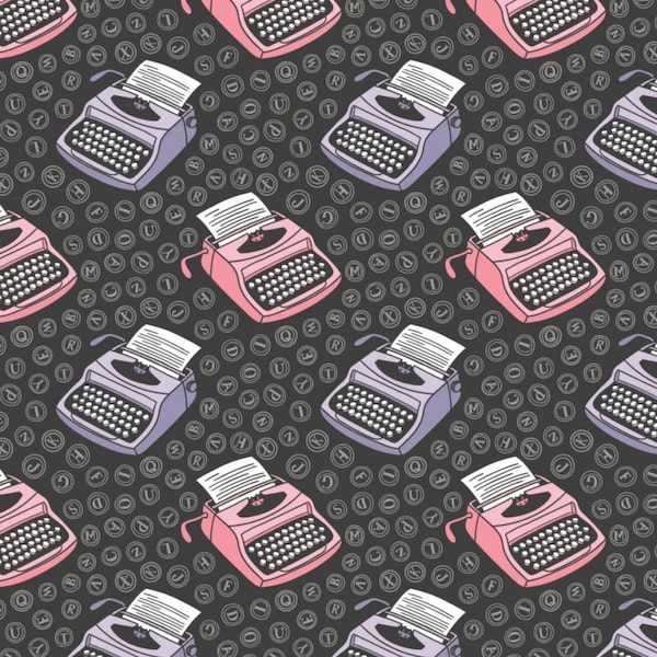 Vintage Typewriters Fabric, Camelot Literary 21190526, Gray, Purple, Pink Retro Typewriter Quilt Fabric by the Yard, 100% Cotton