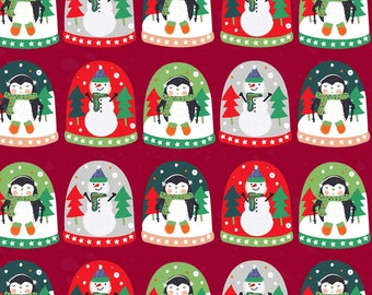 Snow Globe Fabric, Christmas Fabric, Penguins, Snowman Fabric, P & B Textiles 4458R. Red Christmas Quilt Fabric by the Yard, 100% Cotton