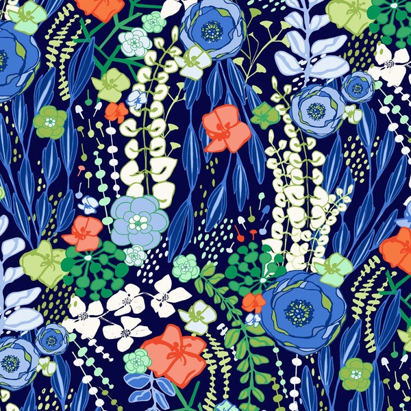 Large Green, Orange, Blue Floral Fabric, Clothwork's Margot Y3662-53 Navy Blue, Amy Reber, Blue Floral Quilt Fabric by the Yard, 100% Cotton