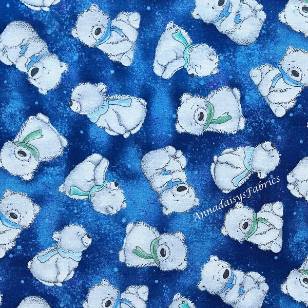 Blue Scarved Polar Bears Fabric, Timeless Treasures Arctic Nights C1140 Night, Children's Fabric, Baby Quilt Fabric by the Yard, 100% Cotton