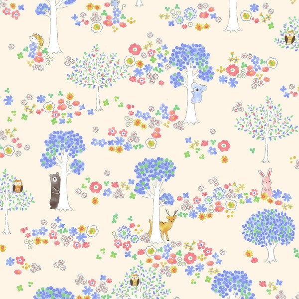 Woodland Floral & Tiny Animals Fabric, Cosmo Textiles SP2200-1B, Bear, Bunny, Deer, Hedgehog, Owl, Baby Quilt Fabric by the Yard, Cotton