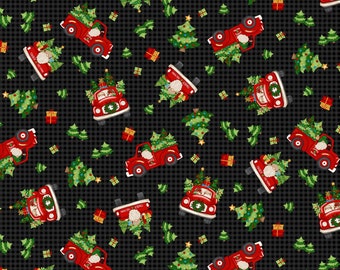 Christmas Gnomes Fabric, Henry Glass Timber Gnomies Tree Farm 303-99, Old Red Truck, Gnome Christmas Quilt Fabric by the Yard, Cotton