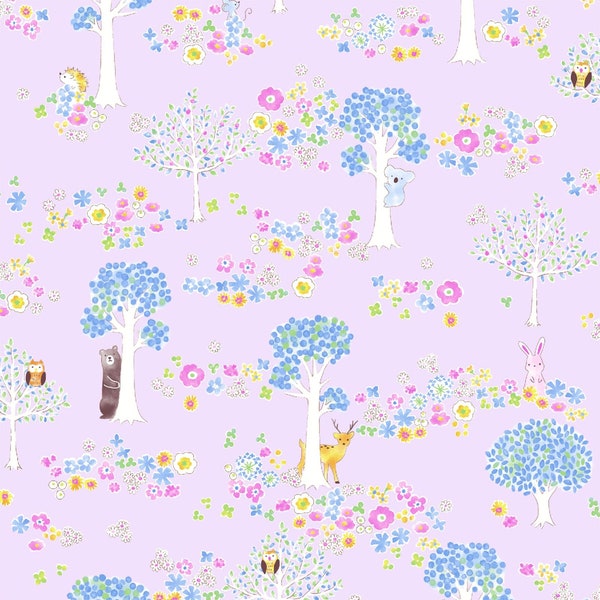 Purple Woodland Floral & Tiny Animals Fabric, Cosmo SP2200-1C, Bear, Bunny, Deer, Hedgehog, Owl, Baby Quilt Fabric by the Yard, 100% Cotton