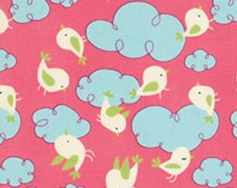 Blue and Pink Birds & Clouds Fabric, Free Spirit Garden PWDW079 Clouds Pink, David Walker, Baby Girl Quilt Fabric by the Yard, 100% Cotton