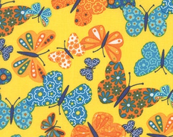 Butterfly Fabric, Moda On The Wing 35262  Abi Hall, Butterfly Quilt Fabric, Blue & Orange Butterflies on Yellow, 100% Cotton