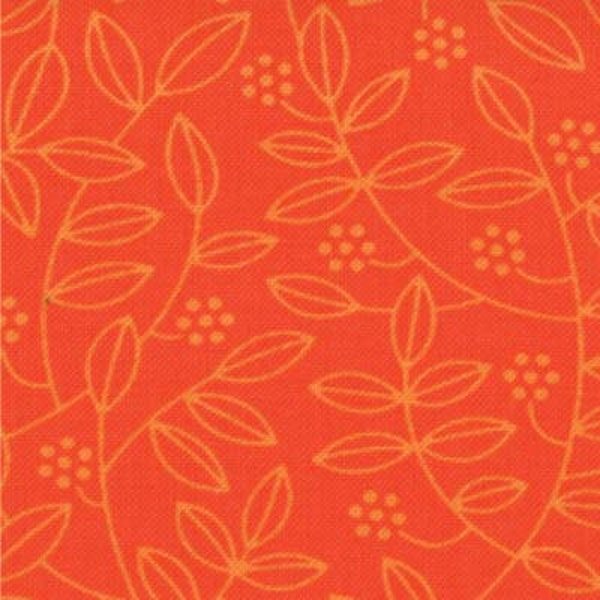 Orange Leaf Sprigs Fabric, Moda Wren & Friends 10008 18 Tangerine, Orange Floral Quilt Fabric, Gina Martin, Cotton