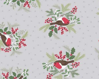 Robin Fabric, Bird Quilt Fabric, Lewis & Irene Fabric, Countryside Winter C19 1, Winter Bird Fabric, Christmas Fabric, Cotton