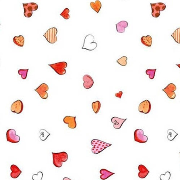 Orange, Pink, Red, Coral Hearts Fabric, Clothworks From the Heart 3360-1 Anita Jeram, Valentines Day Quilt Fabric by the Yard, 100% Cotton