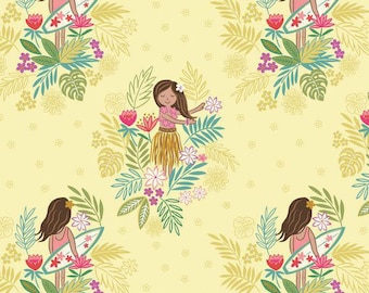 Island Girl Fabric, Lewis & Irene Fabric A191 2, Hula, Surfer Girl Fabric, Yellow Tropical Quilt Fabric, Beach Fabric, Girl's Fabric, Cotton