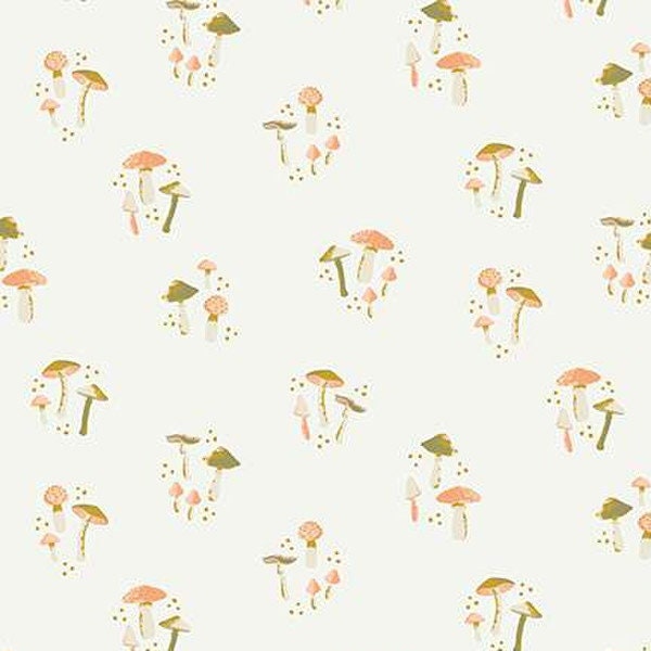 Small Mushrooms Fabric, Riley Blake Wildwood Wander C12433 Cream, Katherine Lenius, Toadstool Quilt Fabric by the Yard, 100% Cotton