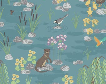 Otter Fabric, Lewis & Irene Fabric, Down by the River A219 2 Teal, Otter Quilt Fabric, Flowers, Ducks, Hummingbirds, Cattails, Cotton
