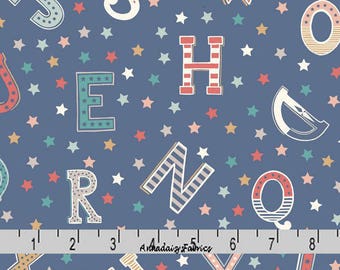 Blue Alphabet Fabric, ABC Quilt Fabric, Lewis & Irene Vintage Circus A143, Baby, Childrens Fabric, 100% Cotton