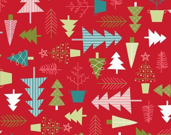 Christmas Trees Fabric, Maywood Studio Cup of Cheer Tree Farm 10204-R Kimberbell, Red Christmas Quilt Fabric by the Yard, 100% Cotton