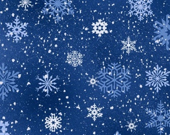 BonEful Fabric FQ Cotton Quilt VTG Blue Forest Xmas Tree Snowflake Gold Metallic 