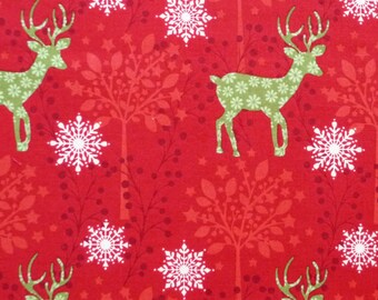 Reindeer and Snowflakes Fabric, Lewis & Irene Fabric, CHR001 Noel, Red Woodland Christmas Quilt Fabric, Cotton