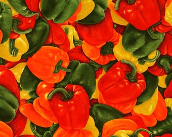 Realistic Peppers Fabric, Oasis Market Place 594991 Digital, Vegetable Fabric, Apron, Cooking, Food Quilt Fabric by the Yard, 100% Cotton