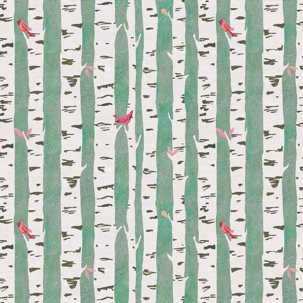 Small Cardinals Fabric, Cardinals on Birch Trees, Paintbrush Studio 120-22122, Birds on Branches Quilt Fabric by the Yard, 100% Cotton