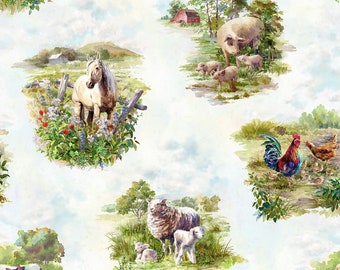 Pastoral Scene Fabric, Farm Animals Fabric, Hoffman Homestead Memories T4969H Digital, Rustic Farm Quilt Fabric by the Yard, 100% Cotton