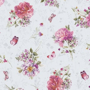 Gray & Pink Floral Fabric, Wilmington Prints Blush Garden 17775-937 Lisa Audit, Shabby Roses Floral Quilt Fabric by the Yard, 100% Cotton