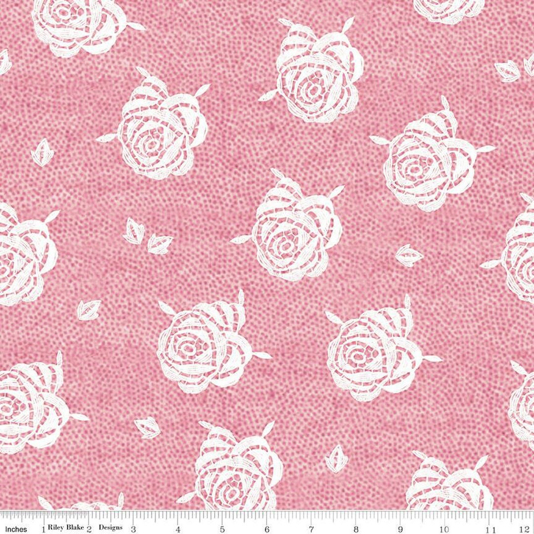 Lacy White Roses Fabric, Pink Dot Background, Riley Blake Be Mine