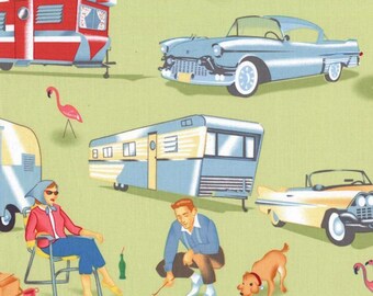 Retro Camper Fabric, Michael Miller Travel Trailer CX3978, Vintage Car, Camping, Vintage Travel Trailer Quilt Fabric by the Yard, Cotton