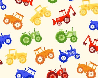 Colorful Small Tractors Fabric, Freckle & Lollie Barnyard Serenade FLBS-D123-C, Childrens Farm Quilt Fabric by the Yard, 100% Cotton