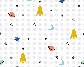 Space Fabric, Rockets, Stars, Moon, Paintbrush Studio Shoot for the Stars 22305, Space Quilt Fabric by the Yard, 100% Cotton