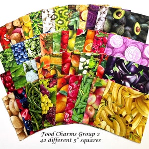 Realistic Fruit & Vegetable Fabric Charm Squares, Pack of 31 or 42 Different 5 Squares, Cooking, Kitchen, Food Quilt Fabric Bundle, Cotton image 2