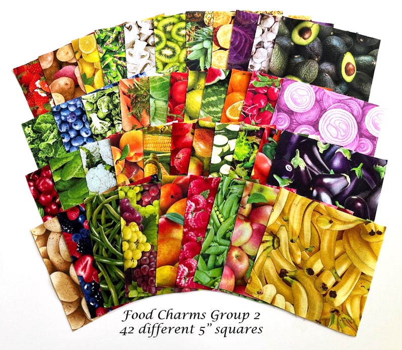 Realistic Fruit & Vegetable Fabric Charm Squares, Pack of 31 or 42 Different 5 Squares, Cooking, Kitchen, Food Quilt Fabric Bundle, Cotton image 2