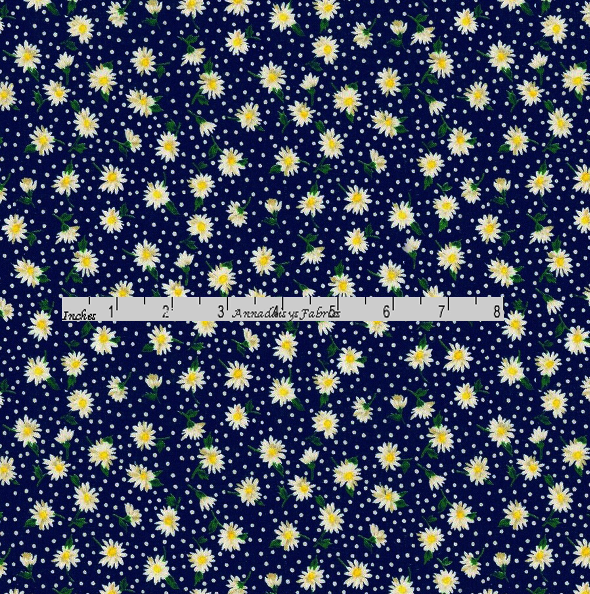 100 % Cotton fabric ~Navy with dots and flower ~ BTY 