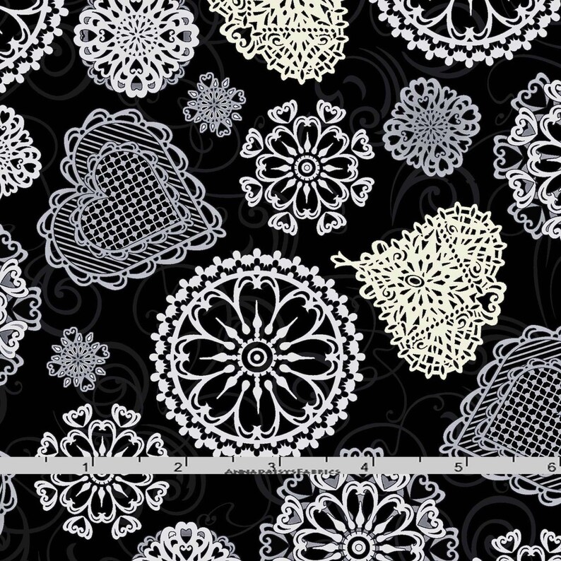 Black and Gray Doily Quilt Fabric by the Yard Valentine Cotton Gray /& Black Doily Fabric Studio E Heartsong 3118 99 Whimsies and Wishes