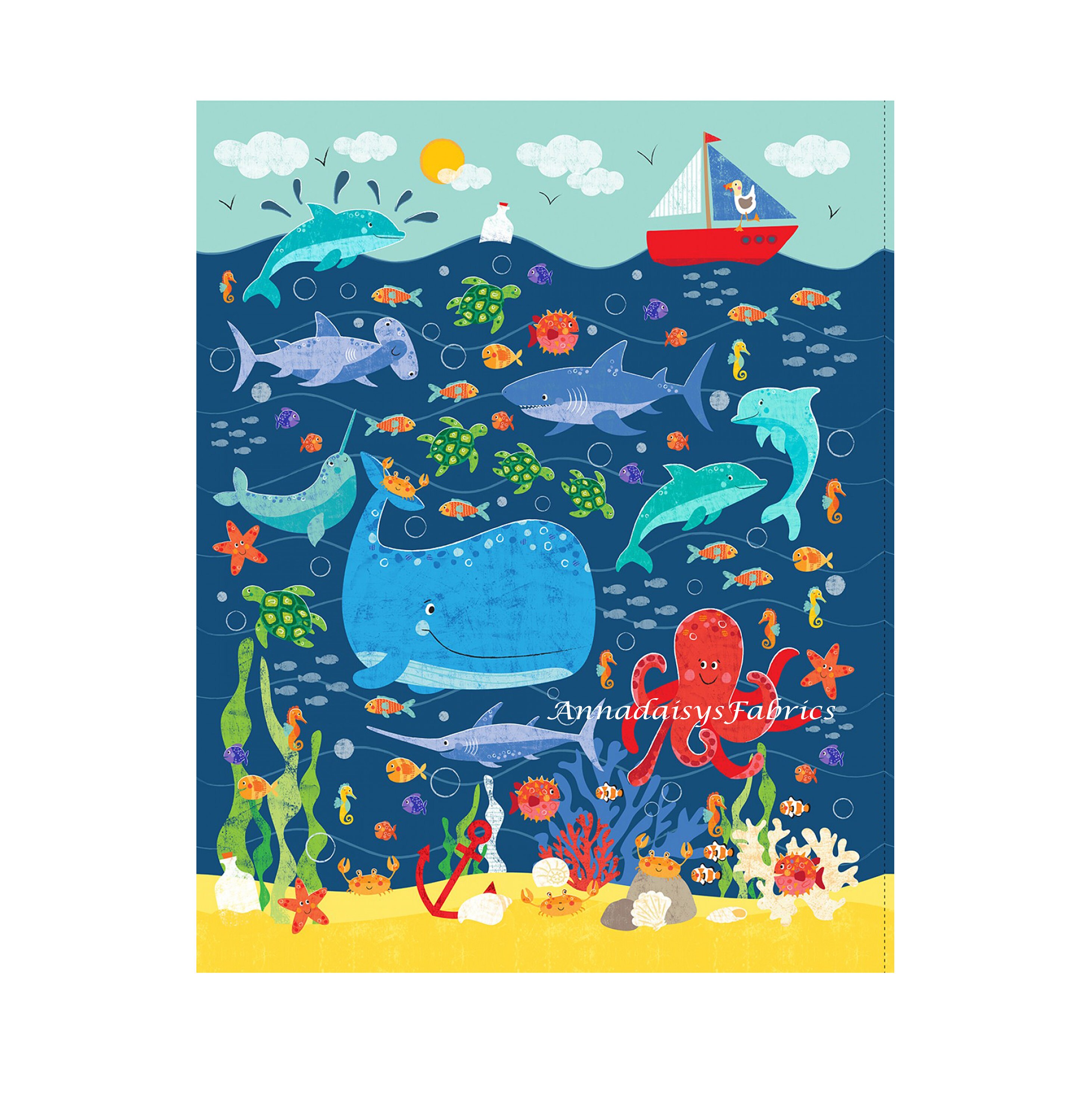 Childrens Nautical Fabric Panel Michael Miller 9556 Whale Etsy