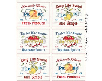 Vintage Look Fruit Crate Label Placemats Fabric Panel, P & B Textile Fruit Stand 04365, Apple, Lemon, Peach, Quilt Fabric Panel, 100% Cotton