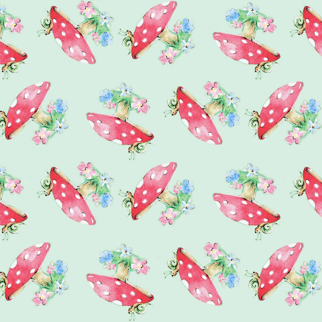 Pink & Red Mushrooms Fabric, Studio E Fairy Garden 674768 Nicola Mason