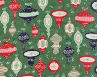 Retro Christmas Ornament Fabric, Moda 25th & Pine 30360-14 Basic Grey, Wintergreen,  Holiday Fabric, Christmas Quilt Fabric, 100% Cotton