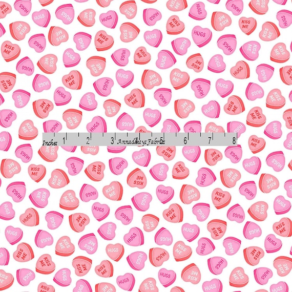 Benartex Kanvas Studio Hugs & Kisses 12562-10 Hearts Candy Love Words Fabric Pearlized Valentines Day Quilt Fabric by the Yard Cotton