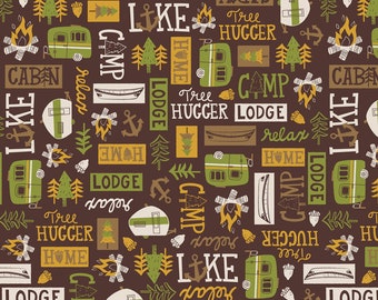 Camping Images & Words Fabric, Henry Glass Loving Camp Life 178-33 Emily Dumas, Retro Camper, Canoe, Camp Quilt Fabric by the Yard, Cotton