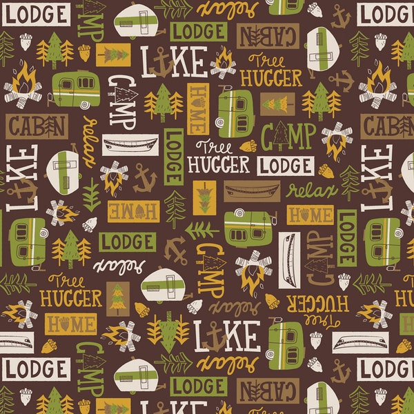 Camping Images & Words Fabric, Henry Glass Loving Camp Life 178-33 Emily Dumas, Retro Camper, Canoe, Camp Quilt Fabric by the Yard, Cotton