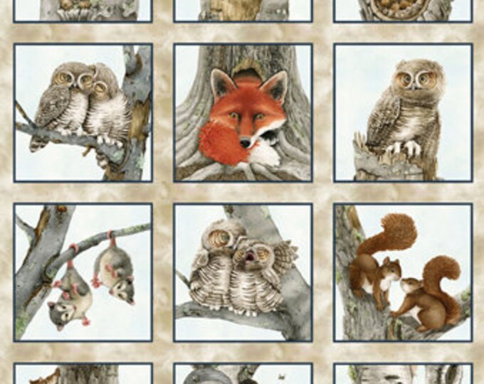 Hoo's Tree Fabric Panel, Elizabeth Studio 4312 Tracy Lizotte, Woodland
