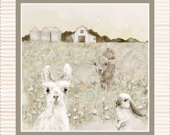 Farm Animals Fabric Panel, Henry Glass You Are Loved 9814P-23 Dawn Rosengren, Lamb, Llama, Bunny, Farm Quilt Fabric Panel, Cotton, 24"x42"