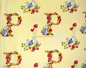 Colorful Flowers & Peter Rabbit Fabric, Visage Textile 2727C-03, Yellow Easter Fabric, Bunny Quilt Fabric by the Yard, 100% Cotton