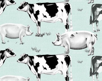 Pigs & Dairy Cows Fabric, Springs Farm House CP75792 Danielle Murray , Farm Animals Quilt Fabric by the Yard, 100% Cotton