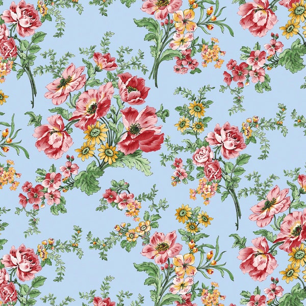 Yellow, Pink, Coral Floral Fabric on Blue, Benartex French Romance 13327-51 Blue, Cottage Chic Floral Quilt Fabric, 100% Cotton