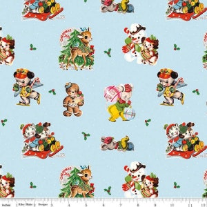 Retro Christmas Fabric, Riley Blake Christmas Joys C12250 Sky, Vintage Reindeer, Kitten, Puppy, Mouse, Retro Animals Quilt Fabric, Cotton