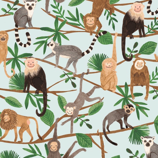 Lemurs & Monkeys Fabric, Clothworks Ticket to the Zoo Y3530-100 Lt Turquoise, Rebecca Jones, Jungle Quilt Fabric by the Yard, 100% Cotton