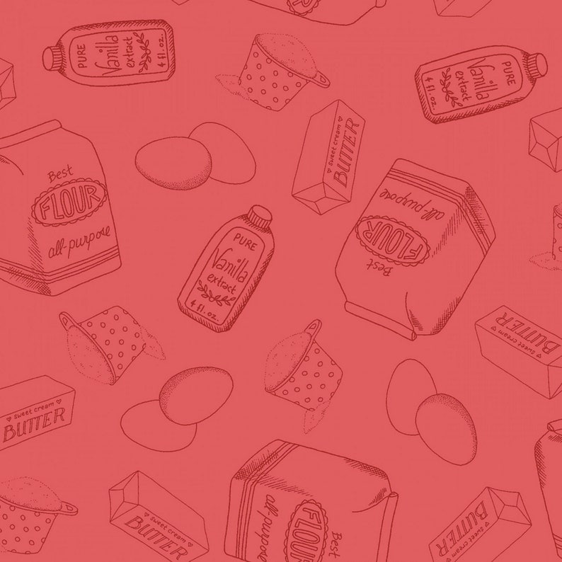 Flour Eggs Butter Red Retro Baking Fabric Maywood Studios Happiness is Homemade 9865R Cooking Kitchen Quilt Fabric by the Yard Cotton