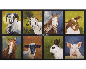 Farm Animal Quilt Fabric Panel, Robert Kaufman Down On The Farm, 16513, Sheep, Goat, Horse, Rabbit, Pig, Cheri Wollenberg, Cotton