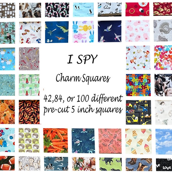 I Spy Charm Squares, 42, 84, or 100 **Different** Pre-Cut 5 Inch Squares, Childrens Fabric Squares, 100% Cotton Quilt Fabric, 5" x 5"